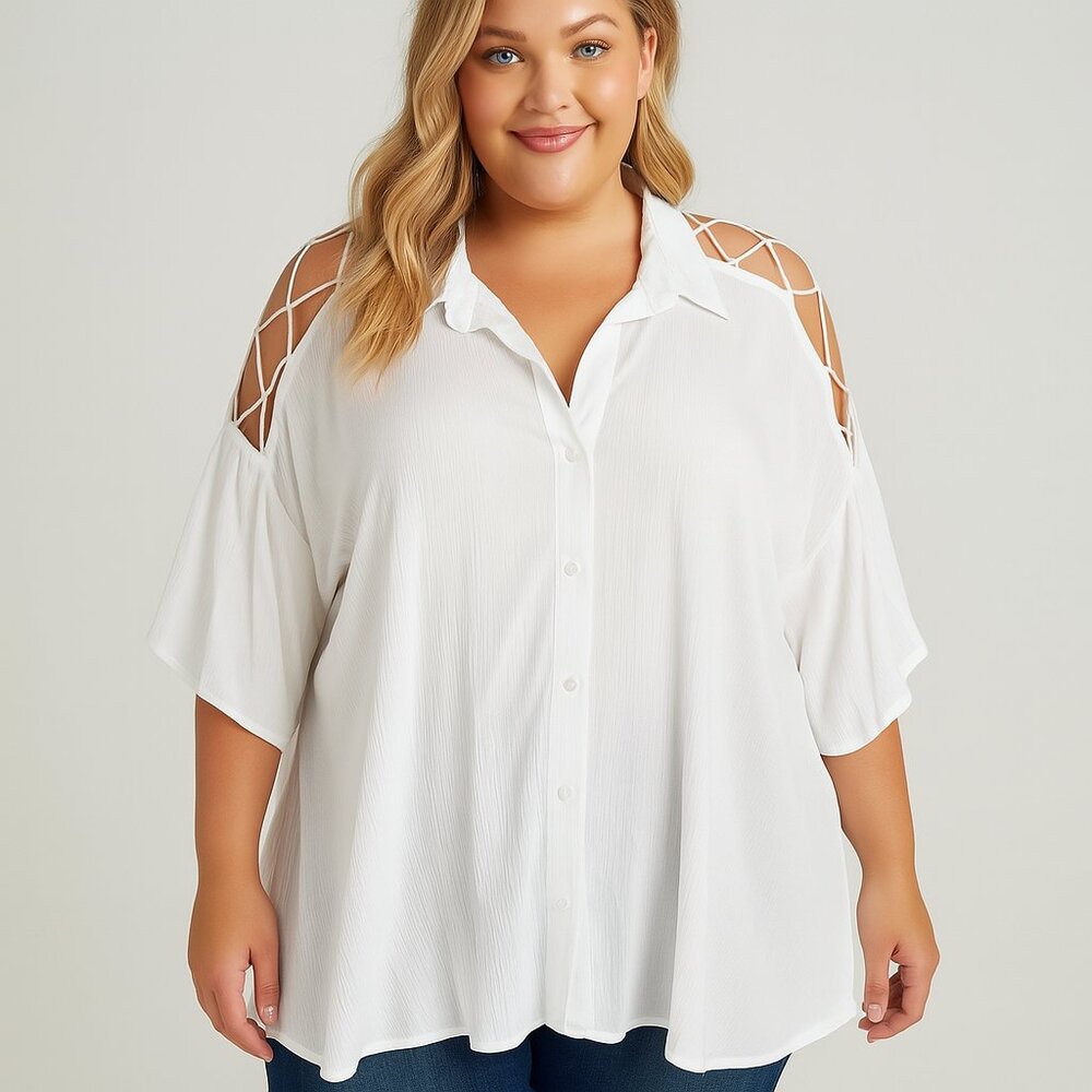 DR2 White Oversized Notched Collar Button Down Shirt